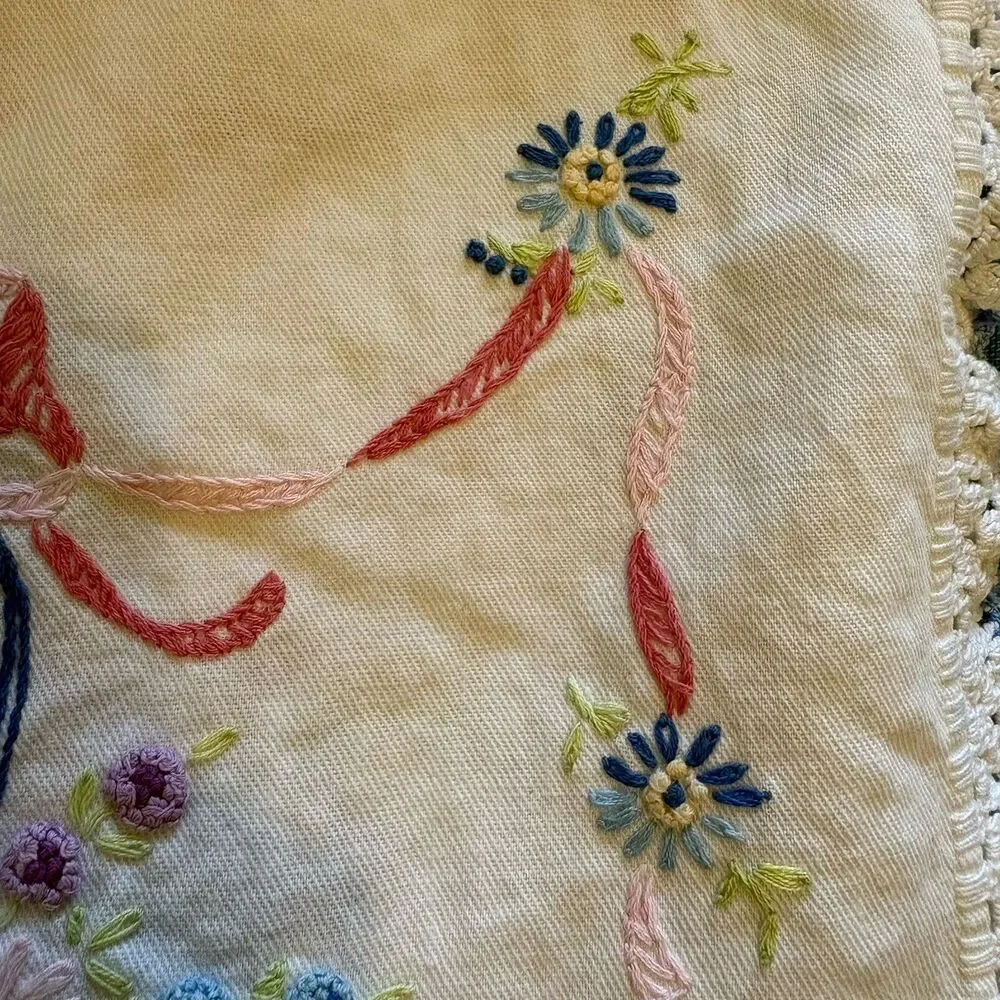 Embroidered Dresser Scarf Table Runner Vtg Basket Flowers Ribbon 30x13 White